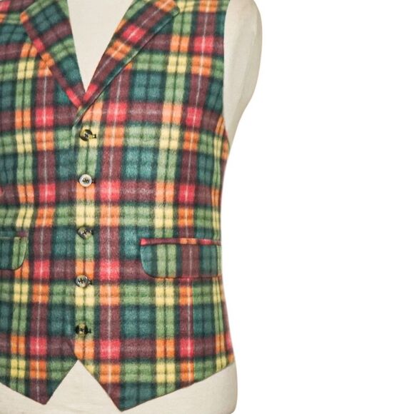 Mens 46R Wool Vest Green Red Yellow Tartan Plaid Waistcoat Preppy Formal Casual - Picture 5 of 8